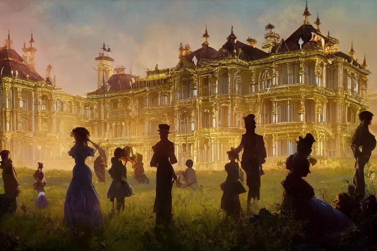 Image similar to an ornate victorian palace, party in front, scene in an open field. 1 8 9 0, key visual, conceptart, ambient lighting, highly detailed, digital painting, artstation, concept art, sharp focus, by makoto shinkai and akihiko yoshida and greg manchess