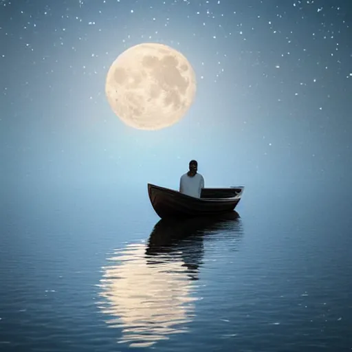 Prompt: A beautiful small boat alone on a lake at twilight with calm waters, the moon shines from above causing light ripples in the water. A small and calm traveller sits in the boat, at peace with himself and the world. A digital art piece designed to spreader unending tranquility. Tranquil dreams of tepid water, a moment frozen in time. Trending on art station, an award winning masterpiece. Art piece held within a marble. Miniature marble art. This marble art is mesmerising.