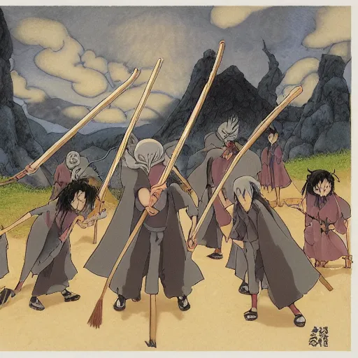 Image similar to a traffic jam of witches with their magic brooms by Studio ghibli, Kentaro Miura, Hiromu Arakawa, Koyoharu Gotouge, Takeshi obata, concept art, golden ratio