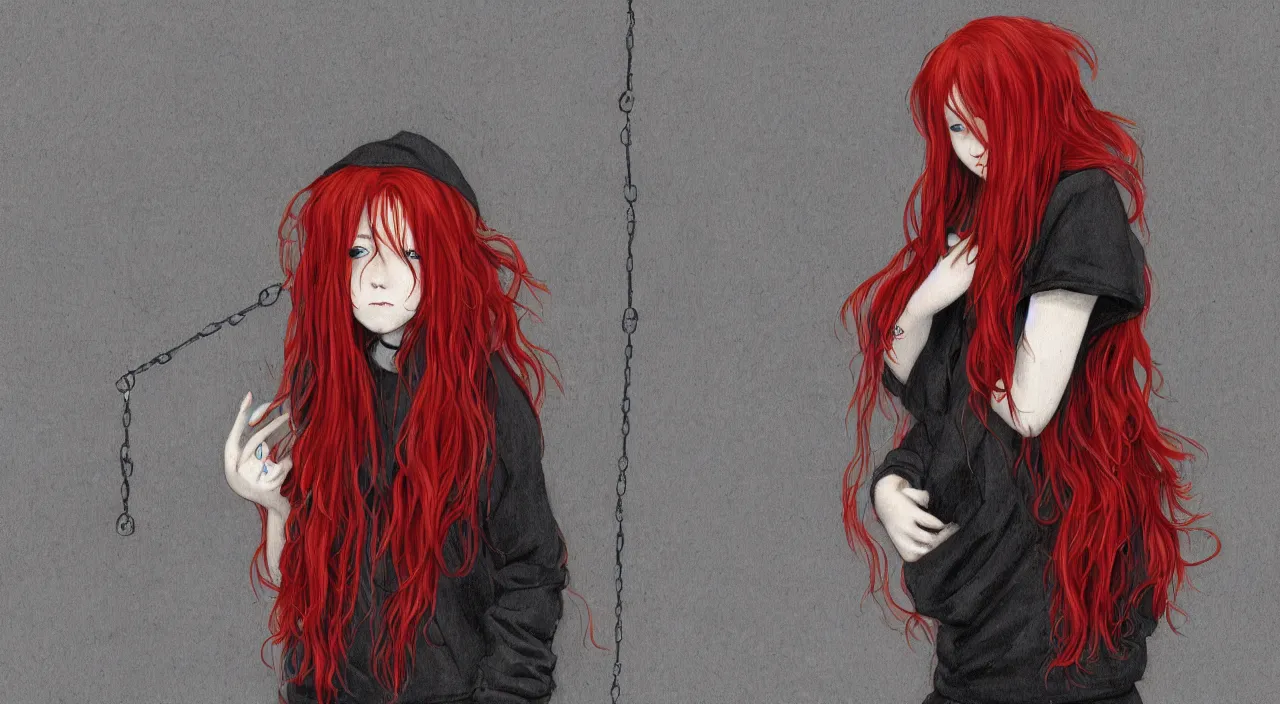 Image similar to a teenager with long red hair wearing baggy black clothes, leaning against a chain fence on a building rooftop, dark grey sky on a rainy day, hd, 8k resolution, grainy, trending on artstation, Drawing by Yoshitoshi Abe