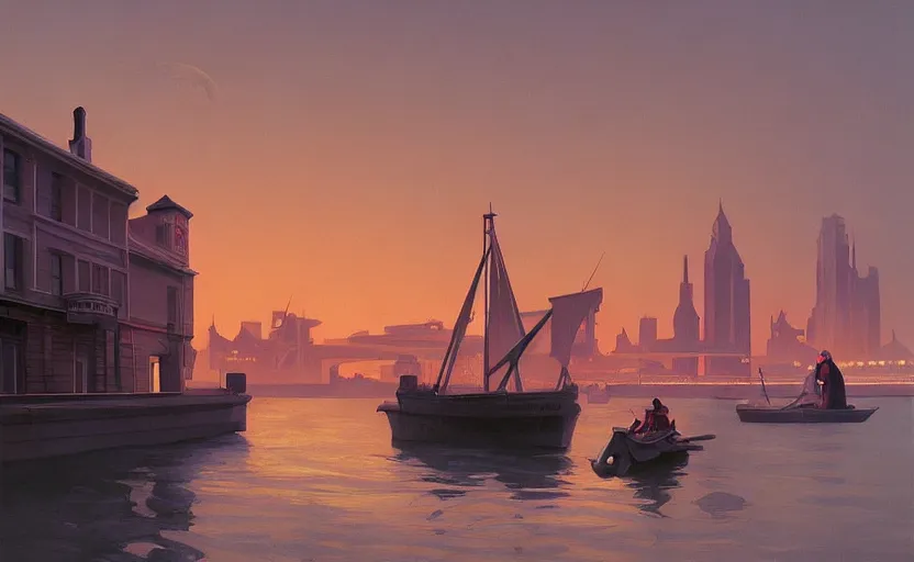 Image similar to Old victorian harbour at dusk, very coherent, painted by Edward Hopper, Wayne Barlowe, painted by James Gilleard, airbrush, art by JamesJean