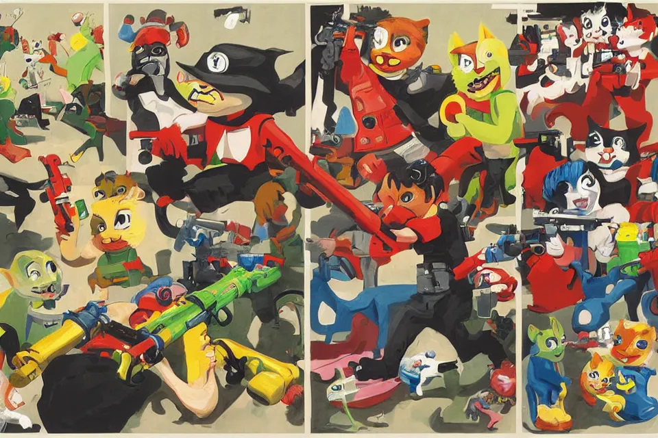 Image similar to concept paintings of cats holding supersoaker water guns, by jamie hewlett
