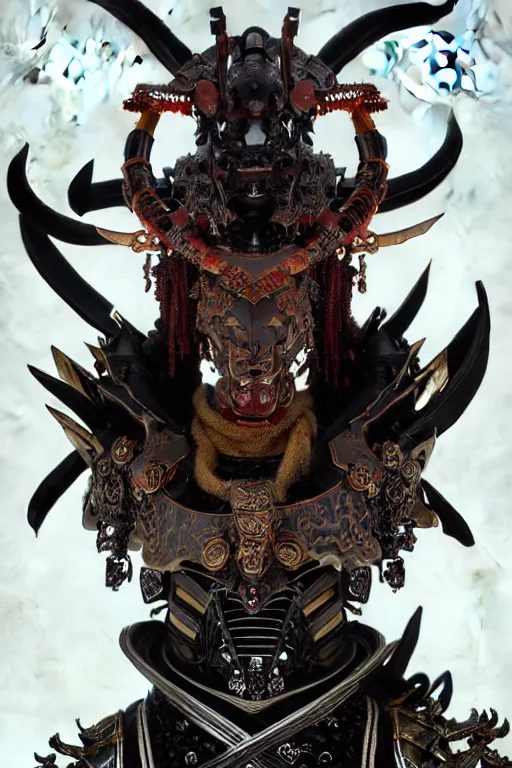 Image similar to asura from chinese myth, ancient japanese samurai, luxurious armor mixed with leather and metal, gothic diablo art, rococo art, cyberpunk, mecha, halfturn portrait of a big crystal face made of crystals half - turn, ominous, intricate, studio, art by anthony macbain + greg rutkowski + alphonse mucha, concept art, 4 k, sharp focus