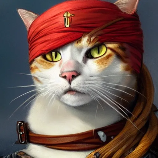 Image similar to Portrait of a Cat as a Pirate, photorealistic, highly detailed, digital painting, artstation, concept art, smooth, sharp focus, illustration, art by artgerm and greg rutkowski and alphonse mucha