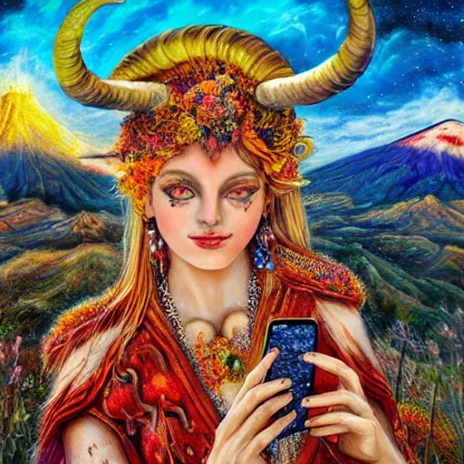 Image similar to horned ram goddess, checking her cell phone, painting by josephine wall, erupting volcano in distance, sunset, flowers in foreground, zodiac, fantasy acrylic on canvas, intricately detailed, highly detailed, high resolution, hdr, 8 k, by senior concept artist, trending on artstation