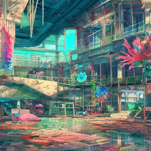 Prompt: painted anime background of an underwater mall in the slums built from various coral seashells and being reclaimed by nature, nostalgia, vaporwave, litter, steampunk, cyberpunk, caustics, anime, vhs distortion, inspired by splatoon by nintendo, art created by miyazaki