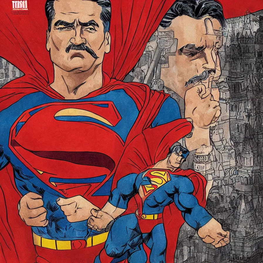 Prompt: epic comic book cover of stalin as superman floating over the red square ( moscow ), socialist realism, aesthetically pleasing, finely detailed facial features, photorealistic, intricate digital art, trending artstation, artgem, rich moody colors, fan art, concept art, in the style of the red son, by cory walker and ryan ottley