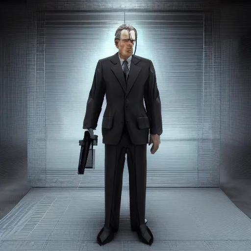 Image similar to George Bush Jr. as a Metal Gear Solid Villain 2005 JRPG cinema 4d render, Ray tracing reflection, natural lighting, Unreal Engine award winning photography