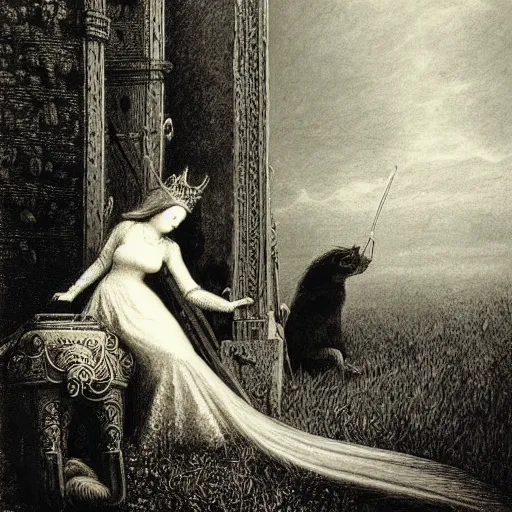 Prompt: a weasel princess and a ferret knight, by gustave dore