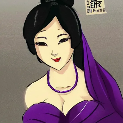 Image similar to zi di had a head of curvy black hair, and her pale skin glistened with sweat, giving her a delicate appearance. her features were defined, and she had a beautiful smile beyond the ordinary. the most attractive part of her was her big, purple eyes, shining like clear amethyst.