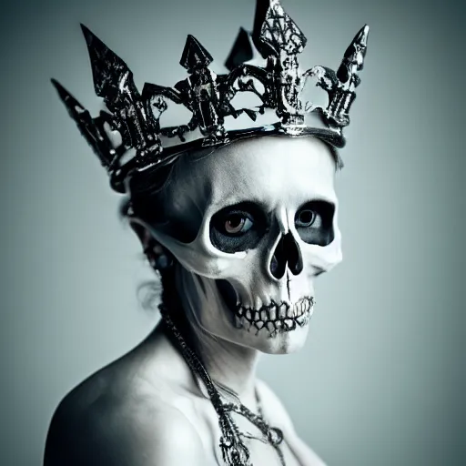 Image similar to skull queen with an origami crown, hints of silver jewelry, gothic, eerie, intricate detail, dramatic lighting, mist, grey, 8k