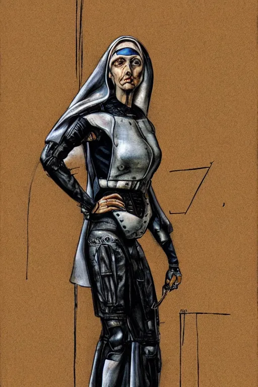 Image similar to portrait fashion model cyborg nun artwork by enki bilal