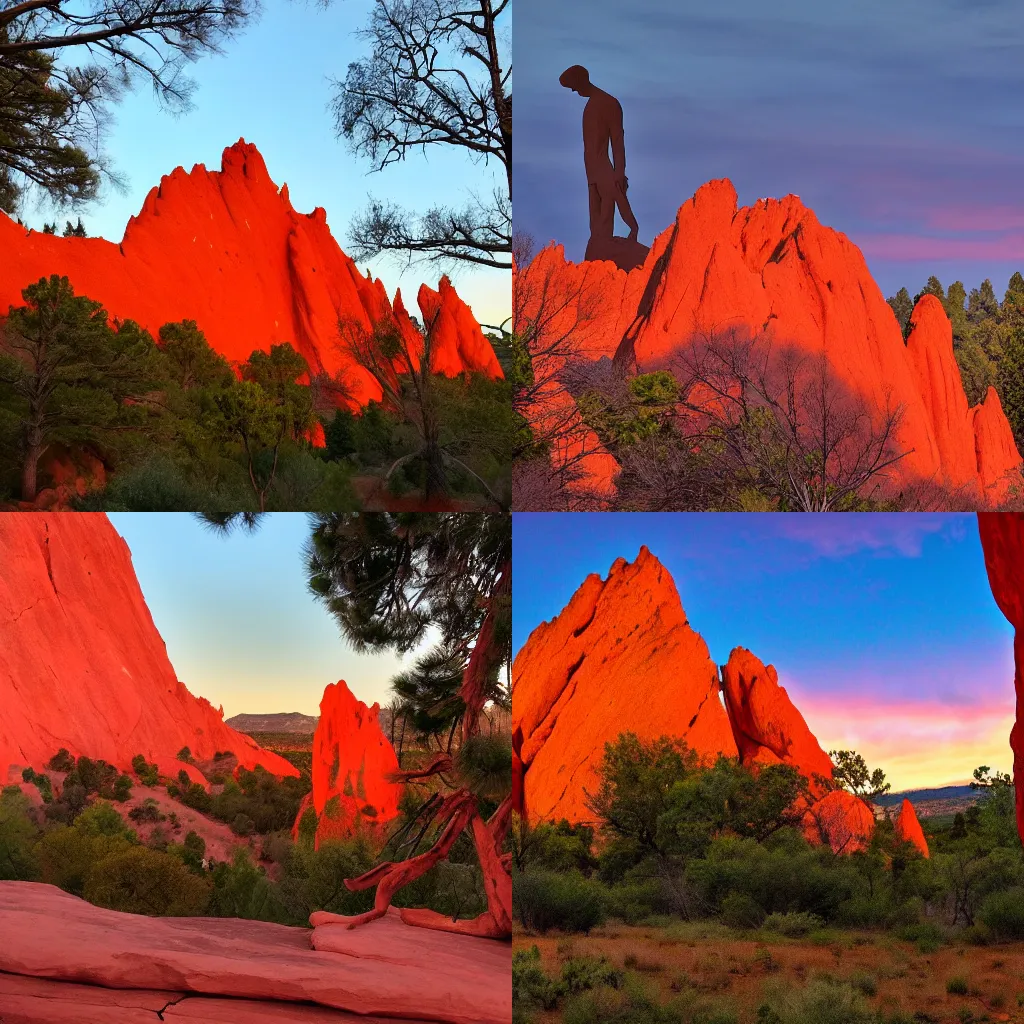 Prompt: garden of the gods sunset, slender man in the background