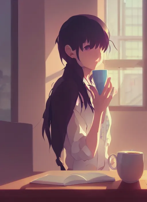 Image similar to girl with a cup of coffee in the office, illustration concept art anime key visual trending pixiv fanbox by wlop and greg rutkowski and makoto shinkai and studio ghibli