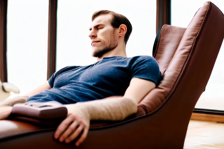 Image similar to a caucasian man relaxing on a brown reclined leather chair