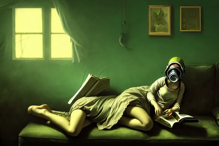 Image similar to girl with wearing a gas mask lying on the sofa reading a book in her room, in the style of dariusz zawadzki, solarpunk, exact anatomy, atmospheric, clean, intricate and epic composition, green by caravaggio, insanely quality, highly detailed, masterpiece, blue light, artstation, 4 k