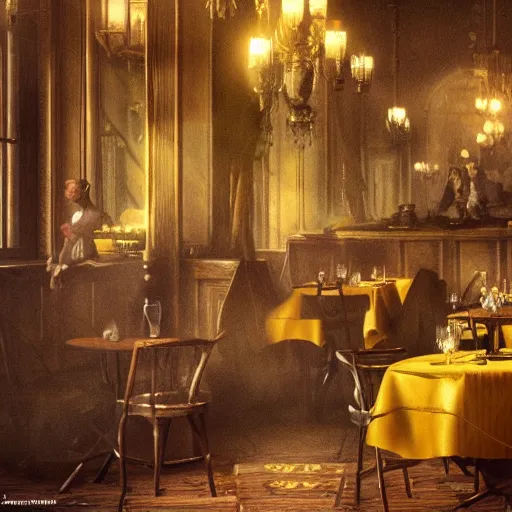 Image similar to brown cat with yellow eyes is sitting at table in a cafe at paris in early 2 0 th century. atmospheric feeling, warm colours, brown colours, yellow colours, epic scene, cinematic, very detailed, octane render