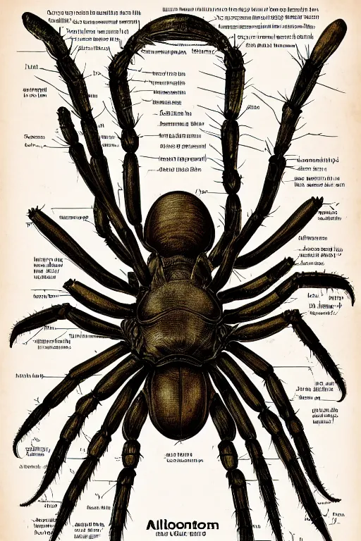 Prompt: anatomical encyclopedia illustration of a disturbing! alien spider, photorealistic, diagram