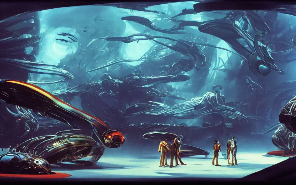 Prompt: close - up view of human silhouettes watching a giant dark sci - fi alien sea creature with big glowing eyes in a giant futuristic fish tank aquarium, deep blue colors, highly detailed science fiction painting by syd mead, roger dean, and moebius. rich colors, high contrast, cosmic black background. unreal engine, artstation.