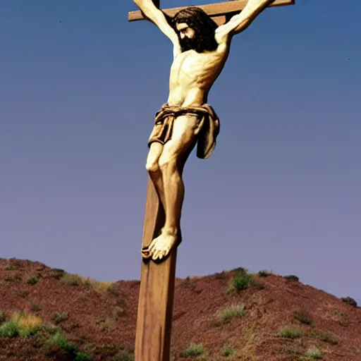 Prompt: Jesus crucified on a palm, photorealiatic,