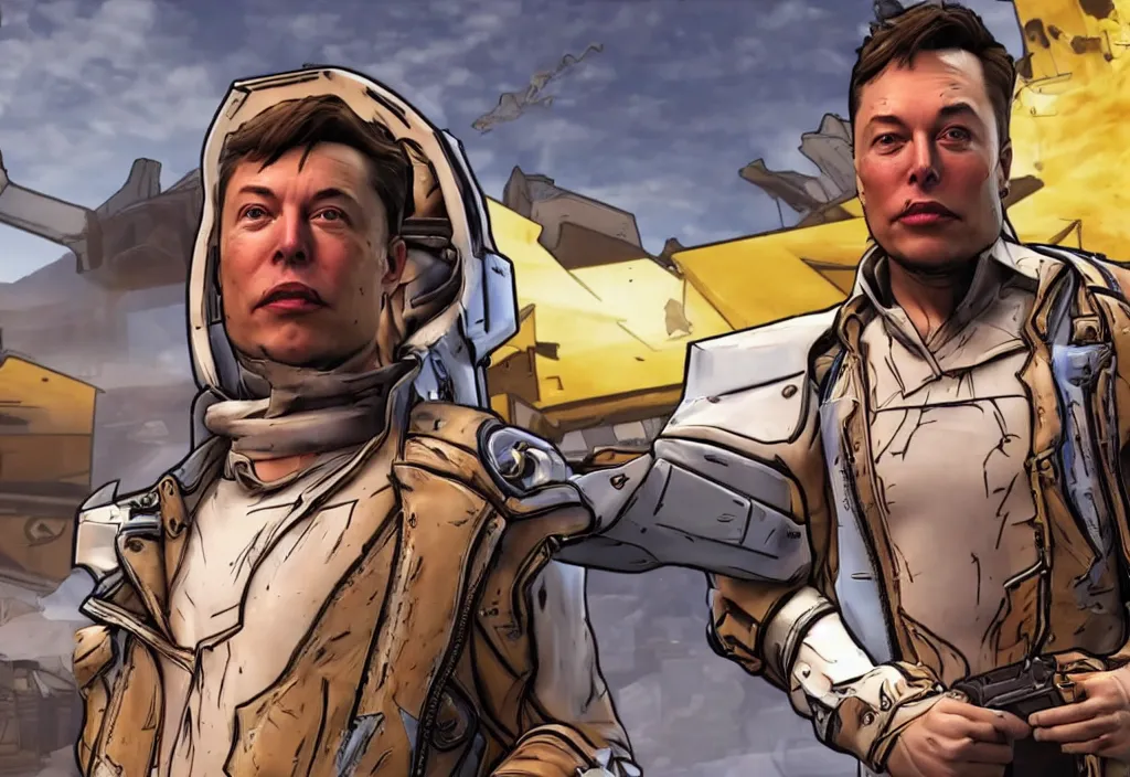 Image similar to elon musk in borderlands elon musk in the video game borderlands, gameplay screenshot, close up, 3 d rendering. unreal engine. amazing likeness. very detailed.