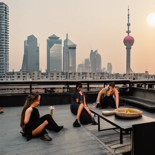 Image similar to a small rooftop with a couple of people sitting and watching the view, wearing black modern clothes, modern shanghai bund is on the background, sunset, by gregory crewdson, smog