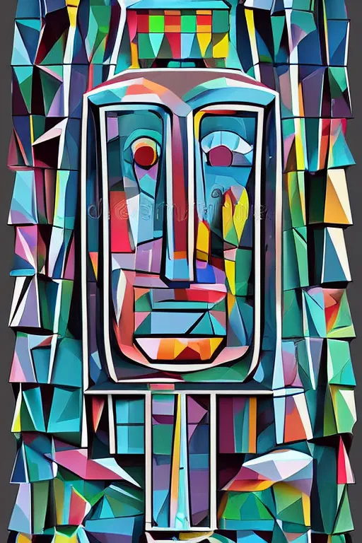 Image similar to cubist moai statue cutout digital illustration cartoon colorful beeple