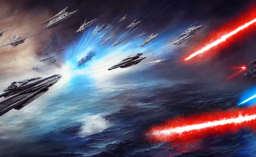 Prompt: epic naval battle, star wars x wing. by artstation trending, by joseph mallord william turner, luis royo, konstantin razumov, cinematic lighting, fractal flame, highly detailed