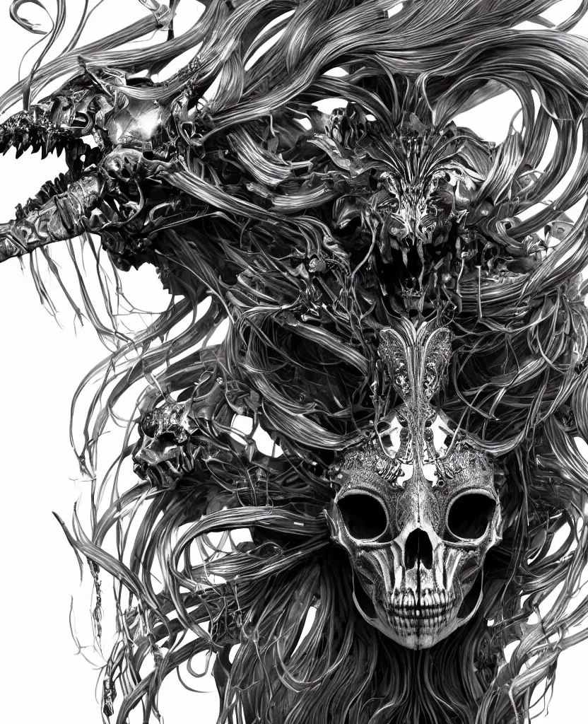 Image similar to close-up macro portrait of the face of a beautiful princess with animal skull mask, epic angle and pose, ribcage bones symmetrical artwork, 3d with depth of field, blurred background, cybernetic jellyfish female face skull phoenix bird, translucent, nautilus, energy flows of water and fire. a highly detailed epic cinematic concept art CG render. made in Maya, Blender and Photoshop, octane render, excellent composition, cinematic dystopian brutalist atmosphere, dynamic dramatic cinematic lighting, aesthetic, very inspirational, arthouse. y Greg Rutkowski, Ilya Kuvshinov, WLOP, Stanley Artgerm Lau, Ruan Jia and Fenghua Zhong