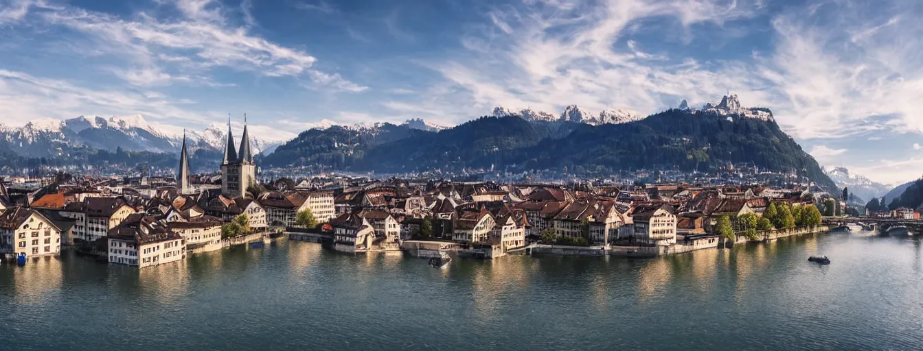 Image similar to Photo of Zurich, looking down the Limmat at the lake and the alps, Hardturm, Grossmünster, wide angle, volumetric light, hyperdetailed, light water, artstation, cgsociety, 8k