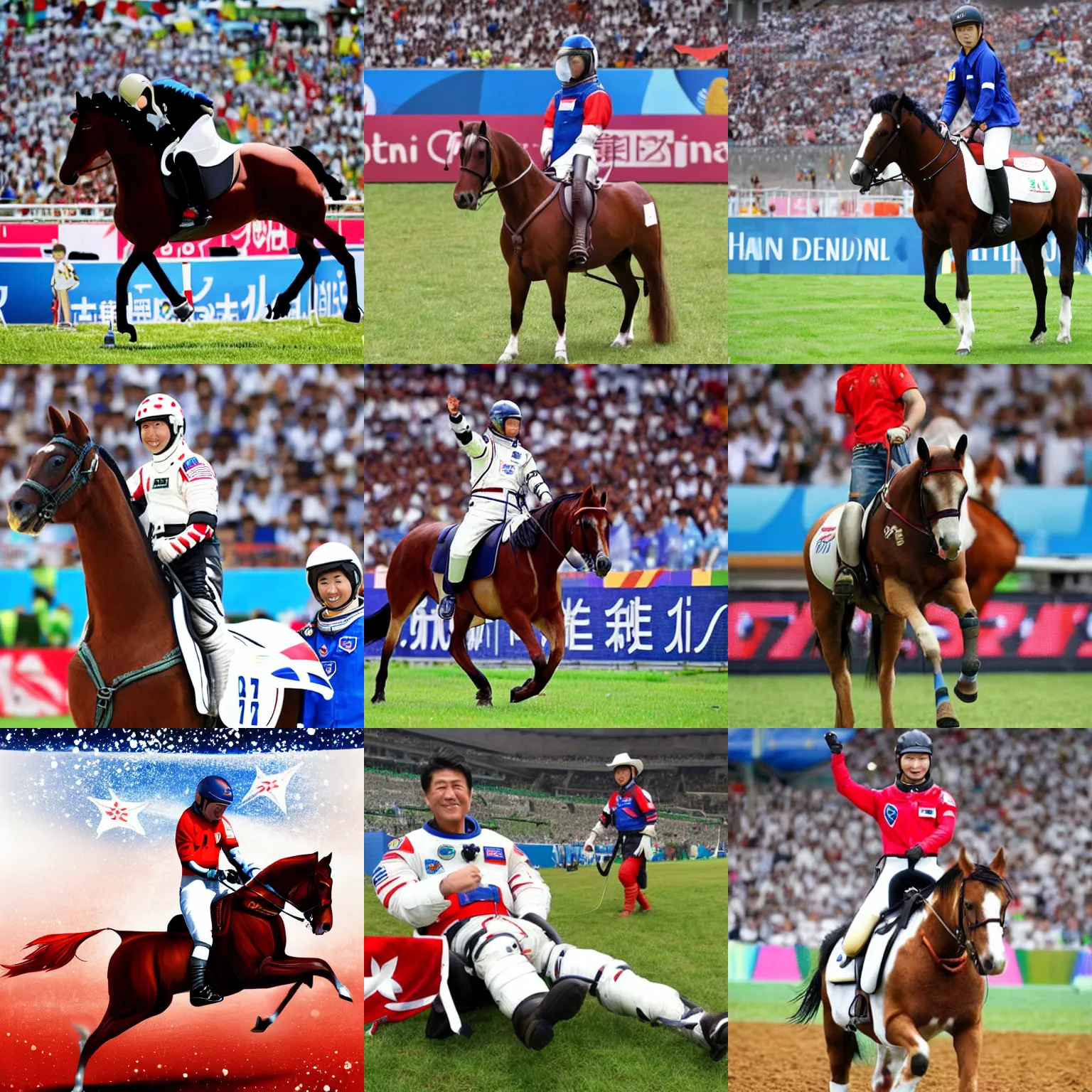 Prompt: japan world cup game horse riding on astronaut
