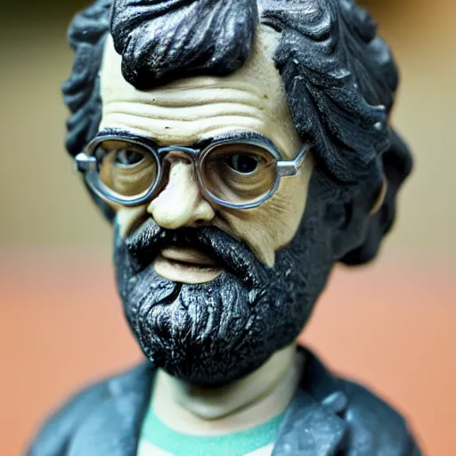 Image similar to close up shot of a bobble head terence mckenna, depth of field, fstop 1. 3
