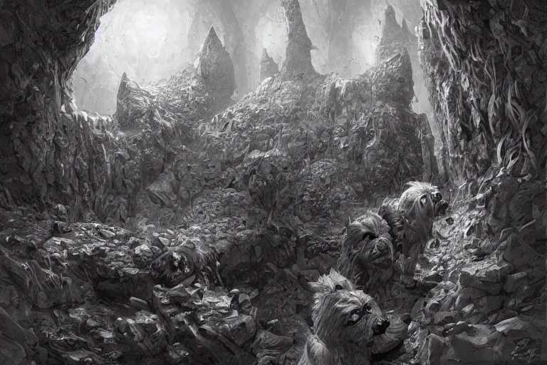 Image similar to black and white one point perspective dungeon cozy fantasy dungeon yorkshire terrier puppies artgerm and Craig Mullins, James Jean, Andrey Ryabovichev, Mark Simonetti and Peter Morbacher 16k