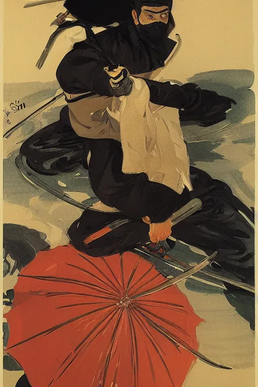 Image similar to portrit of a ninja on a rainy night by joaquin sorolla, syd mead, hokusai