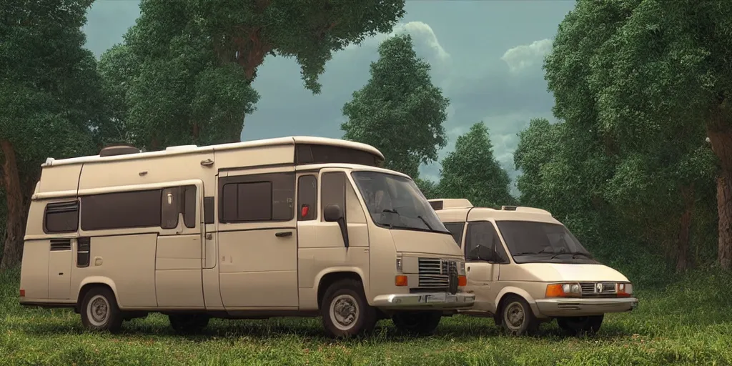 Prompt: a wholesome animation key shot of one!! focused!! 1 9 9 4 fiat hymer motorhome!! in the! romanian countryside!, medium shot, studio ghibli, ( pixar ) and disney animation, sharp, very detailed, high resolution, rendered in unreal engine 5, anime key art by greg rutkowski, bloom, dramatic lighting