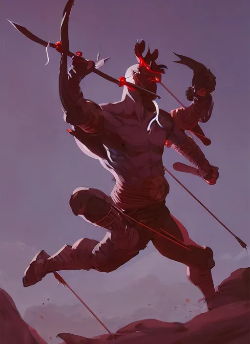 Prompt: a warrior on the ground with arrows in his body, in the style of artgerm, gerald brom, atey ghailan and mike mignola, vibrant colors and hard shadows and strong rim light, plain background, comic cover art, trending on artstation