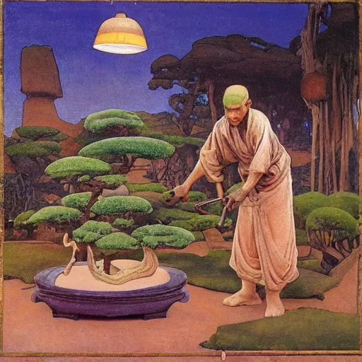 Image similar to Old African gardener cutting bonsai trees, isyllic Garden, by Annie Swynnerton and Nicholas Roerich and jean delville, glowing paper lanterns, strong dramatic cinematic lighting , ornate tiled architecture, lost civilizations, smooth, sharp focus, extremely detailed