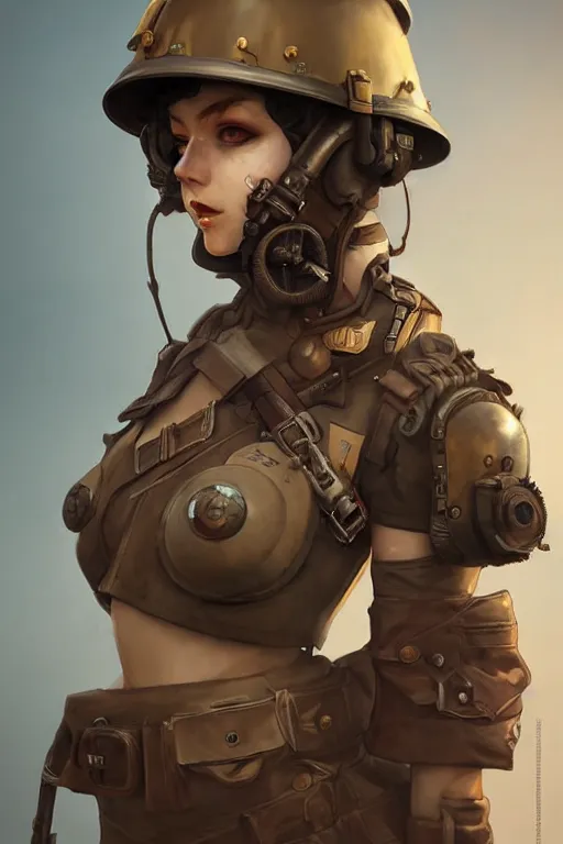 Image similar to dieselpunk soldier girl, helmet, shoulders, chest, portrait, desert, armored, highly detailed, sharp focus, art, illustrations by wlop and ayanamikodon and irakli nadar and loish and rossdraws