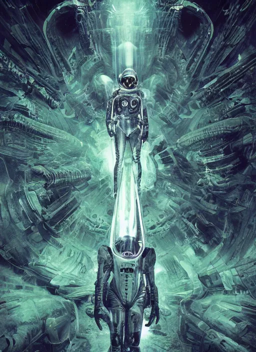 Image similar to alien astronaut in dark void underwater - complex and hyperdetailed technical suit design. reflection and dispersion materials. rays and dispersion of light. volumetric light. f / 3 2. noise film photo. flash photography. ultra realistic, 5 0 mm. poster by wayne barlowe, hajime sorayama aaron horkey, craig mullins