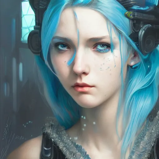 Prompt: Hyperrealistic close-up portrait of cyberpunk young woman with blue hair, D&D, fantasy, intricate, elegant, highly detailed, digital painting, artstation, concept art, smooth, sharp focus, illustration, art by artgerm and greg rutkowski and alphonse mucha