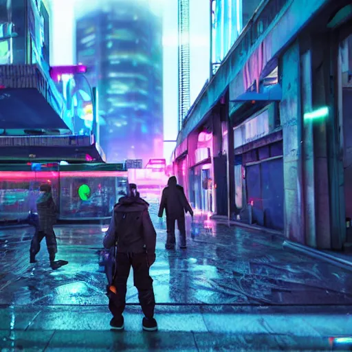 Prompt: distopian cyberpunk street, neon, photorealistic, homeless people in the streets, unreal engine 5 »