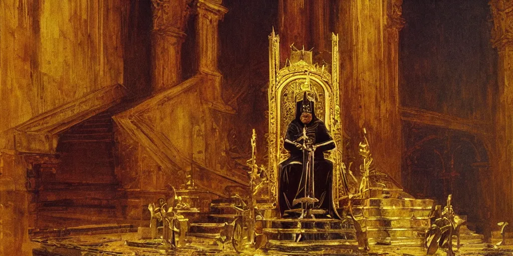 Image similar to a medieval king sitting on a golden throne led by stairs leaning on a shiny sword in a palace, light illuminating behind the throne, beksinski and syd mead cinematic painting