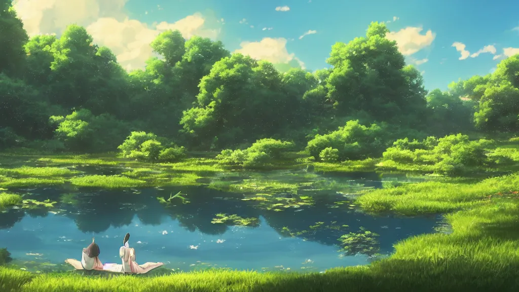 Prompt: a ultradetailed beautiful matte painting of a peaceful pond with a clear water and a magical wind blowing gently, anime landscape, high resolution 4 k, by makoto shinkai, charli bowater and artgeem