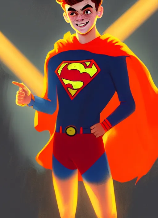 Image similar to kind teenage archie andrews wearing an orange superhero costume, freckles, superhero costume with heart emblem, cape, intricate, elegant, glowing lights, highly detailed, digital painting, artstation, sharp focus, illustration, art by wlop, mars ravelo and greg rutkowski