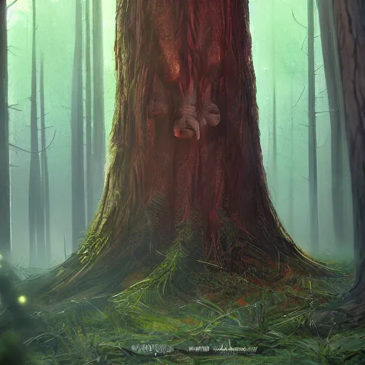 Prompt: dark forest tall trees, glowing eyes all around, little red riding hood is norse god, pixar style, trending artstation, super realistic detail