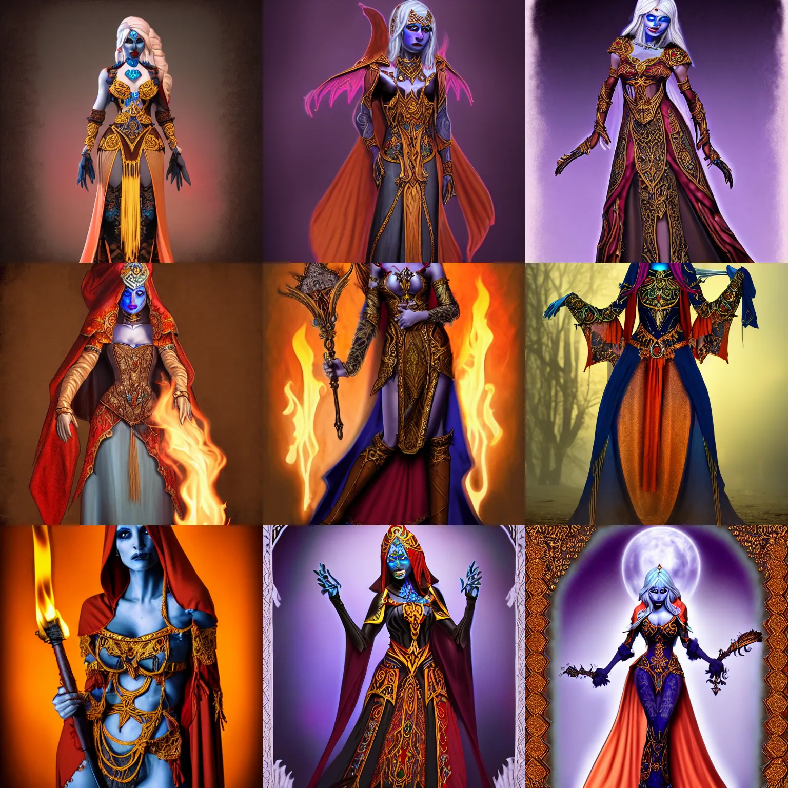 Prompt: realistic photo of a beautiful female drow priestess wearing an ornate tunic and flame colored bustier