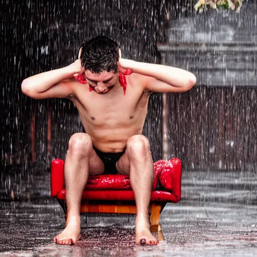 Image similar to Wet young man suffers standing on his head in the red room rain