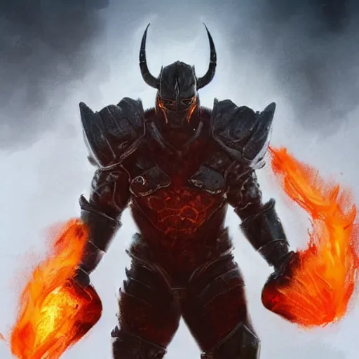 Image similar to surtur in heavy armor wearing a heavy platemail helmet, artstation hall of fame gallery, editors choice, #1 digital painting of all time, most beautiful image ever created, emotionally evocative, greatest art ever made, lifetime achievement magnum opus masterpiece, the most amazing breathtaking image with the deepest message ever painted, a thing of beauty beyond imagination or words