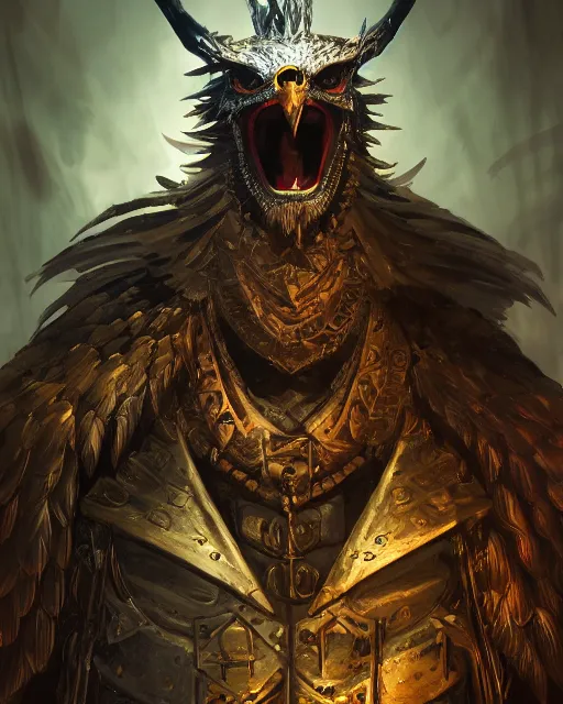 Image similar to Grinning Eagle, Anthropomorphized, as evil warlord general on skull throne, magic the gathering artwork, D&D, fantasy, cinematic lighting, centered, symmetrical, highly detailed, digital painting, artstation, concept art, smooth, sharp focus, illustration, volumetric lighting, epic Composition, 8k, art by Akihiko Yoshida and Greg Rutkowski and Craig Mullins, heroic pose, oil painting, cgsociety, Battlefield background, explosions, arrows