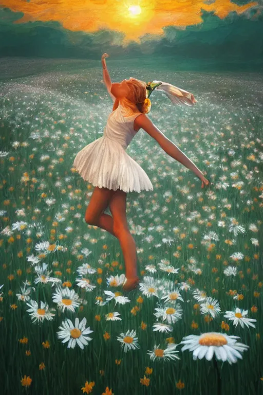 Image similar to face made of giant white daisy flower, girl dancing in a flower field, surreal photography, sunrise, dramatic light, impressionist painting, colorful clouds, digital painting, artstation, simon stalenhag